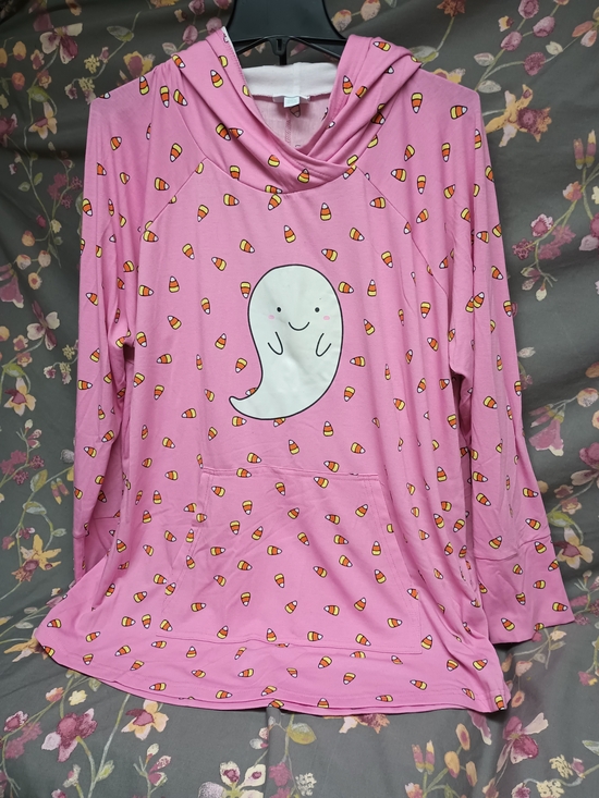LuLaRoe Tops - LuLaRoe Pink Ghost & Candy Corn Hooded Lightweight Shirt 2X XXL